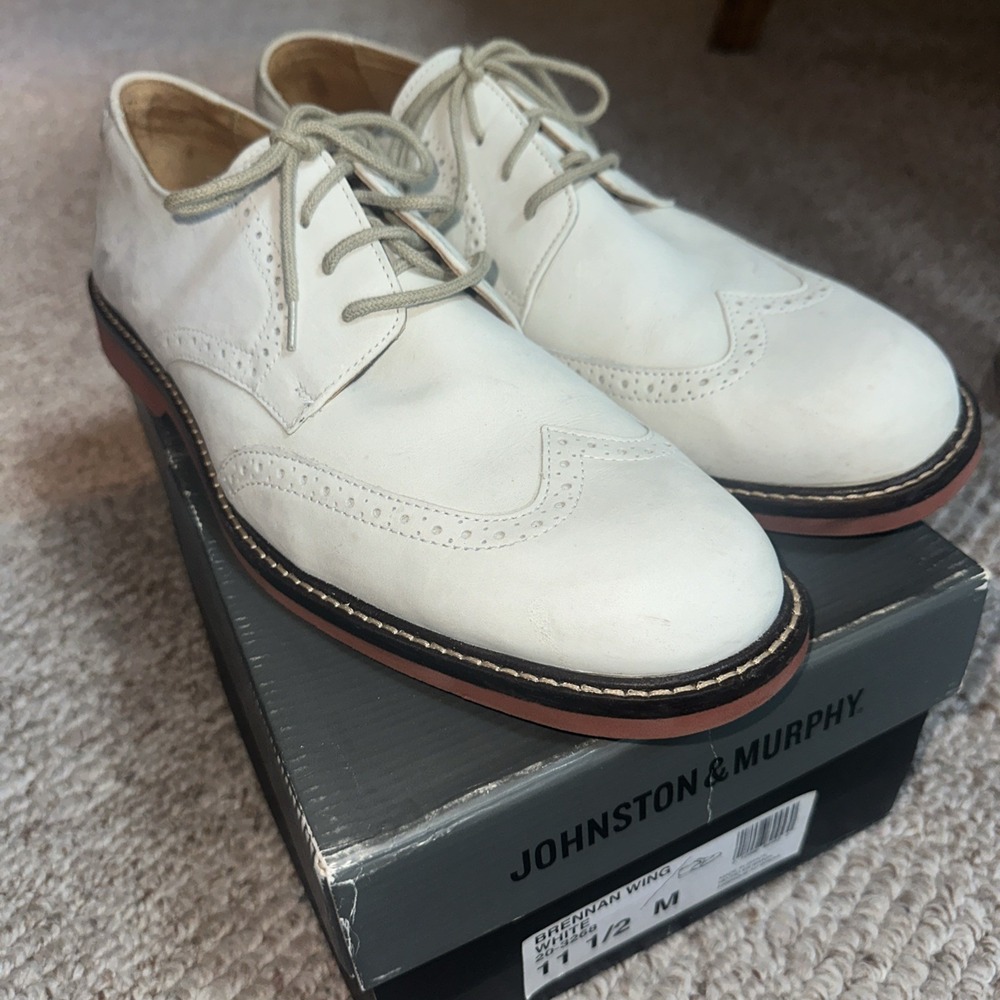 Mens Johnston & Murphy Oxford Off-White Wing Tip Dress Shoes Sheepskin 11.5 M